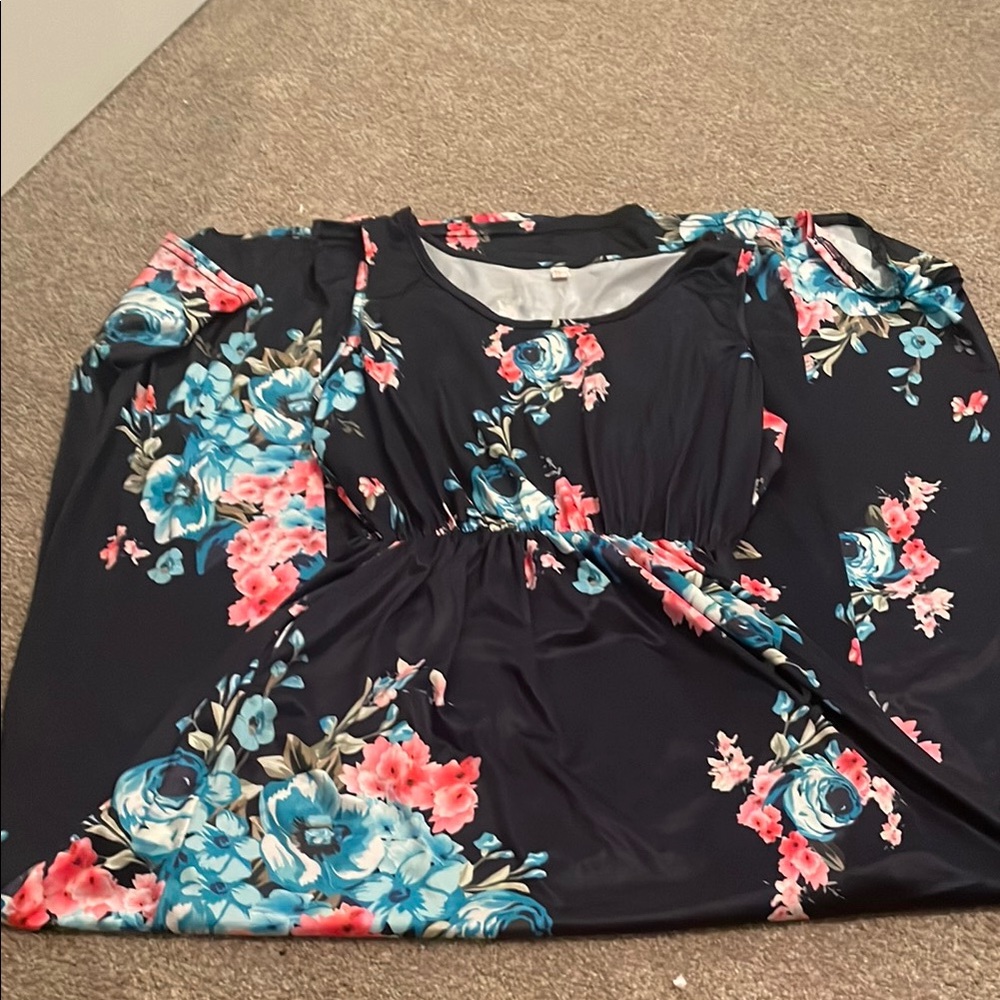 Floral Maxi Dress in Black with Blue and Pink Accents